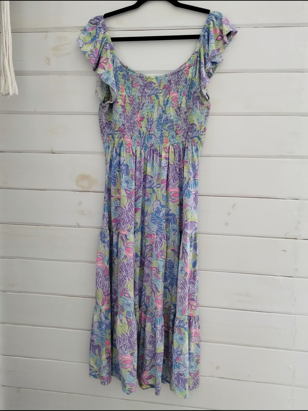 Lilly Pulitzer Jilly Smocked Midi Dress Dew Drop Stay Fly Floral L - Picture 4 of 11